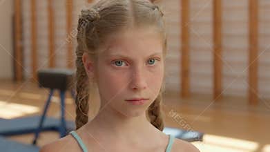 Portrait Caucasian sad upset child little girl frustrated stressful daughter pupil schoolgirl kid dancer disappointed