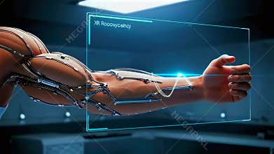 bionic arm on calibration bench displaying waveform overlays and biometric