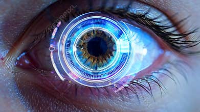 Closeup eye circular calibration rings overlay with blue hud, precise gaze