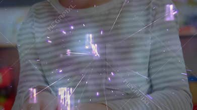 Animation of lights and icons over blind caucasian girl reading in braille