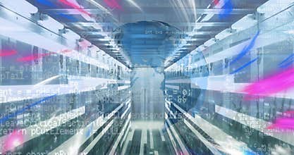 Animation of digital waves and spinning globe over moving light trails against computer server room