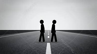 Black Stick Figures Embracing on a Road in Monochrome Background