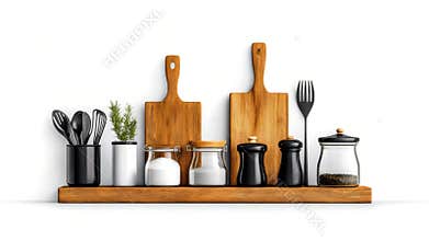 Wooden kitchen utensils and jars arranged on a shelf with a white background