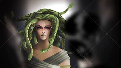 warrior with spear turning to stone by medusa gaze