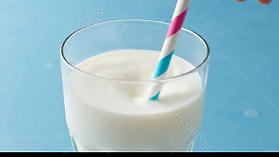 Close-up of a glass of milk with a straw