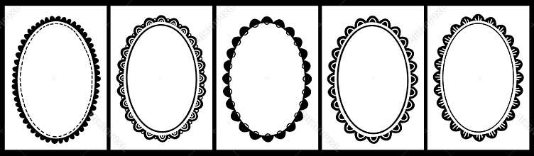 Black and White Fun Scallop Frame Oval Set. Flat Hand Drawn Borders.