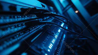 Server rack with flashing blue lights in data center