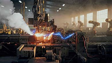 Robotic welder shoots blue electric arc across metal seam in busy plant, robotic arms and conveyor belts under warm window light