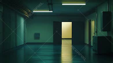 Empty dimly lit corridor with door ajar