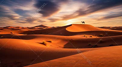 Sunset over sand dunes with camel silhouette in desert landscape