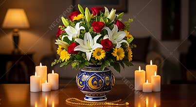 Floral Arrangement with Lilies Roses and Candles on Wooden Table Islamic Design