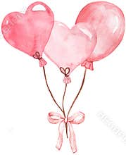 Watercolor heart balloons bouquet with pink ribbon, hand-painted romantic clipart isolated