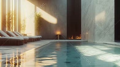 Luxury spa indoor pool with lounge chairs