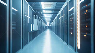 Server racks in modern data center corridor