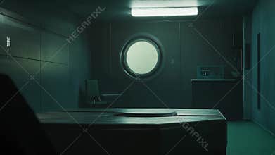 Sci fi dark room interior with round porthole