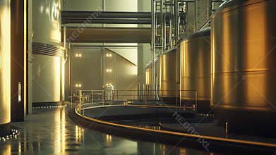 Gold industrial tanks in modern factory hall