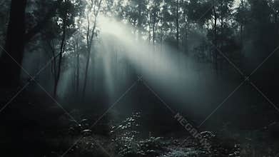 Sunbeams piercing through misty dark forest woods