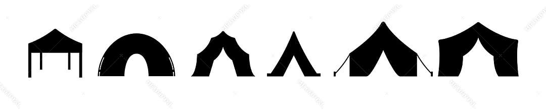 Camping tent shelter canopy pavilion marquee gazebo silhouette icon set black isolated outdoor adventure tent icon set.
