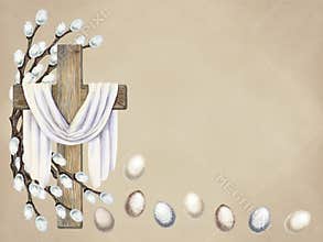 Watercolor illustration of a wooden Christian cross with white ribbon cloth, Easter eggs, willow branches. Soft pastel background