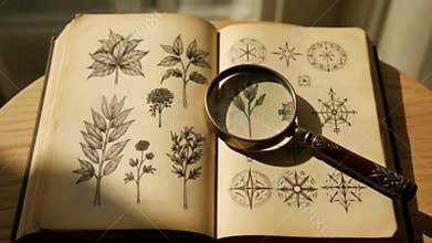 Vintage Botanical Book with Plant Illustrations and Magnifying Glass on Wooden Library Desk