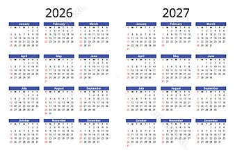2026 and 2027 annual calendar vector template, english year planner, week starts sunday