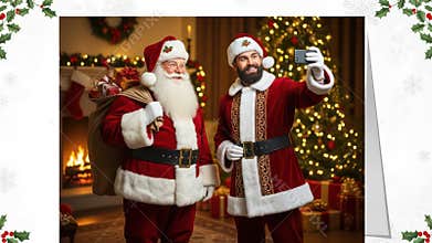 Santa Claus and Man in Santa Costume Taking Selfie Together
