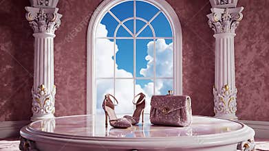 Elegant Pink Marble Hall with Arched Windows and Ornate Central Fountain