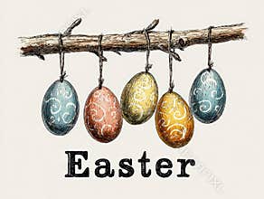 Summary A sketchy illustration depicts a collection of five colorful Easter eggs, each with a white spiral pattern, suspended from