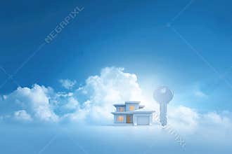Generative AI Dream House Illustration New Home Key Blue Sky Background Depicting Real Estate Ownership and Invest