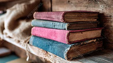 Stacked Vintage Books on a Rustic Wooden Shelf in a Cozy Space Filled With Charm and Character