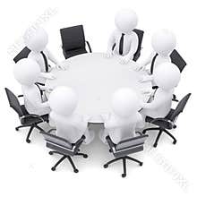 3d people at the round table. One chair is empty