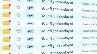 Email Inbox Displaying Multiple 'Your Flight Is Delayed' Notifications with Alert Icons Representing Travel Disruptions