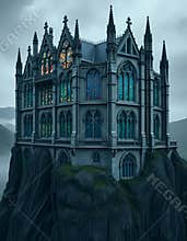 A digital painting of a grand gothic castle, with colorful stained glass windows, perched on a rocky cliff, under an overcast sky