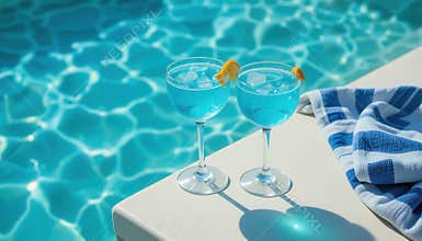 Blue Cocktails by Poolside with Orange Garnish and Summer Vibes