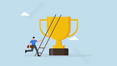 Building ladder to success, businessman builds ladder of success climbing to the top of championship trophy