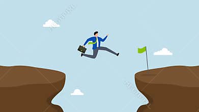 Take risk for opportunity to success, 4k animation of courageous entrepreneur victor leaps across chasm to attain success banner