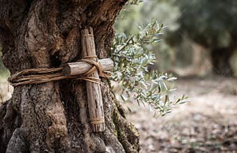 Wooden cross resting on olive tree trunk symbolizing hope and faith