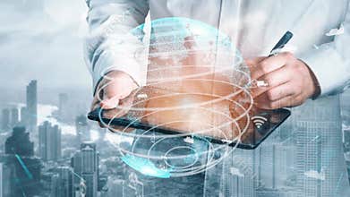 Businessman Using Tablet with Digital World and Futuristic Technology Illustrations, Urban Background, Connectivity