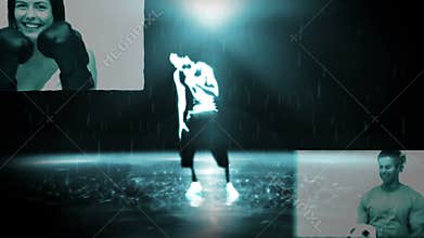 A dancer busting some moves as a woman boxes and then a man spins a football