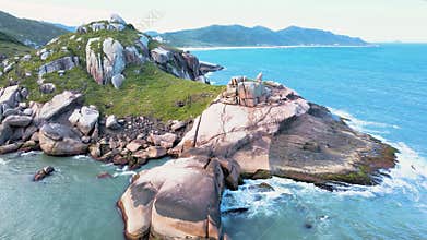 Aerial view of the rocky shore of Gravata Beach in Florianopolis, Santa Catarina, Brazil