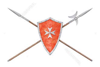 red shield decorated with a cross spear and halberd isolated on white