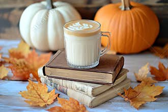 Different pumpkins on vintage books with cappuccino and autumn falling leaves