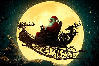Steampunk Santa riding a mechanical sleigh pulled by clockwork reindeer under a full moon