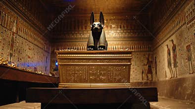 Ancient Egyptian Tomb with Anubis Statue and Golden Treasures