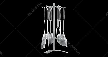 Kitchen utensils set rotation animation seamlessly loopable. 3D rendering isolated on transparent background