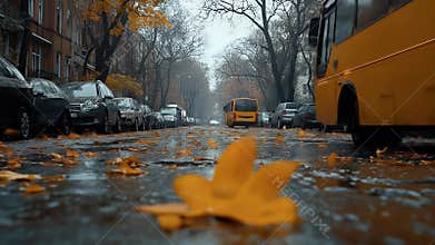 Autumn Rain on City Street with Yellow Leaves and Buses
