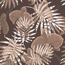 Tropic leaves and orchid flowers in monochrome brown tones.