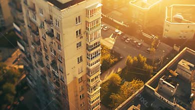 Aerial view of a tall building in a urban setting, suitable for use in illustrations about architecture or city planning