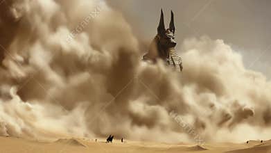 Majestic Anubis rises from desert dust during a mystical storm in ancient Egyptian landscape at twilight