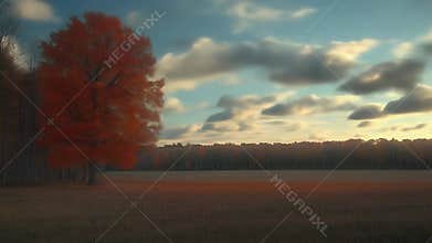 Vibrant Red Maple Tree in Autumn Meadow Landscape at Sunset